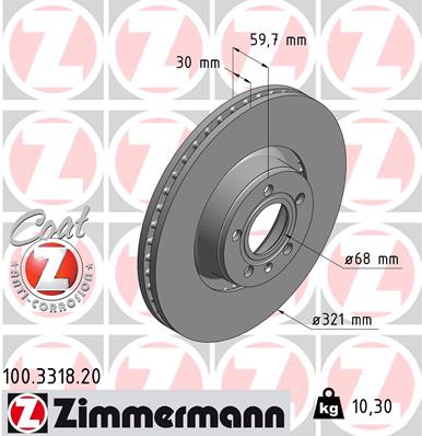 ZIMMERMANN Bremseskive 100331820 foraksel udvendig ventileret 321mm 30mm for AUDI (FAW) AUDI