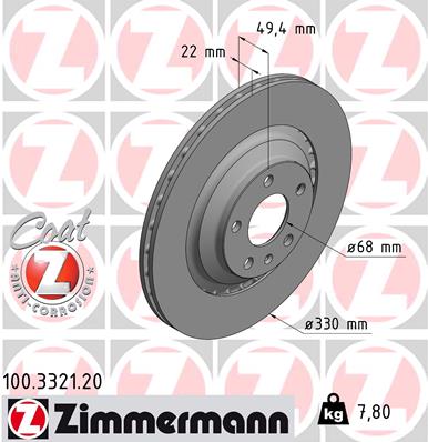 ZIMMERMANN Bremseskive 100332120 bagaksel udvendig ventileret 330mm 22mm for AUDI (FAW) AUDI