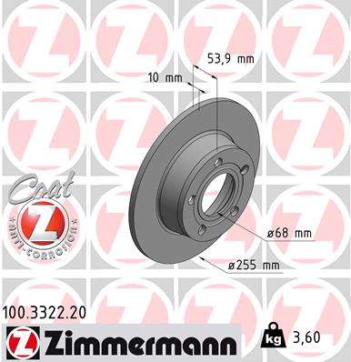ZIMMERMANN Bremseskive 100332220 bagaksel fuld 255mm 10mm for AUDI