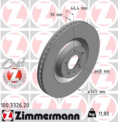 ZIMMERMANN Bremseskive 100332620 foraksel ventileret 345mm 30mm for AUDI