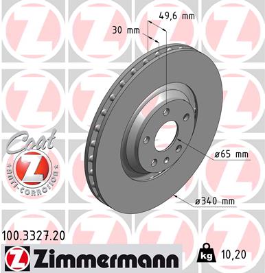 ZIMMERMANN Bremseskive 100332720 foraksel udvendig ventileret 340mm 30mm for AUDI