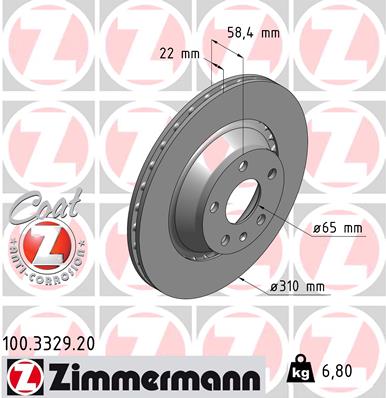 ZIMMERMANN Bremseskive 100332920 bagaksel udvendig ventileret 310mm 22mm for AUDI