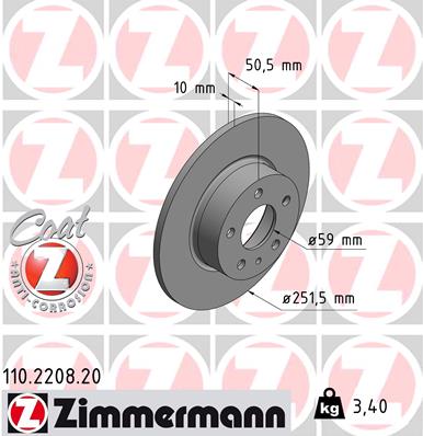 ZIMMERMANN Bremseskive 110220820 bagaksel fuld 252mm 10mm for LANCIA ALFA ROMEO