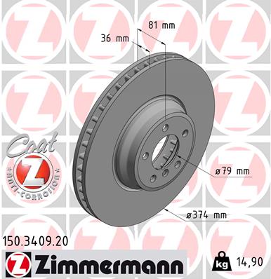 ZIMMERMANN Bremseskive 150340920 foraksel ventileret 374mm 36mm for BMW
