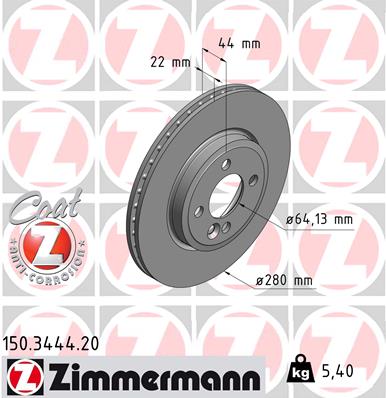 ZIMMERMANN Bremseskive 150344420 foraksel ventileret 280mm 22mm for MINI