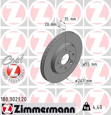 ZIMMERMANN Bremseskive 180302120 foraksel udvendig ventileret 247mm 20mm for CITROËN/PEUGEOT TOYOTA