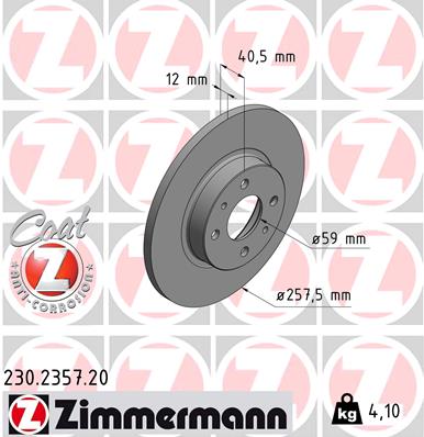 ZIMMERMANN Bremseskive 230235720 foraksel fuld 258mm 12mm for FIAT LANCIA