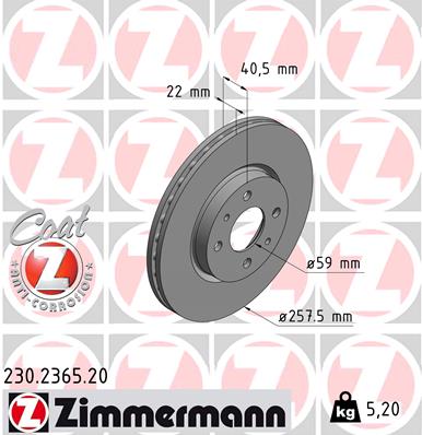 ZIMMERMANN Bremseskive 230236520 foraksel ventileret 258mm 22mm for CITROËN/PEUGEOT FIAT