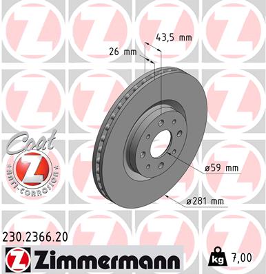 ZIMMERMANN Bremseskive 230236620 foraksel ventileret 281mm 26mm for FIAT