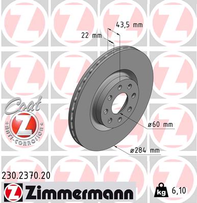 ZIMMERMANN Bremseskive 230237020 foraksel ventileret 284mm 22mm for OPEL FIAT