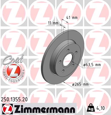 ZIMMERMANN Bremseskive 250135520 bagaksel fuld 265mm 11mm for FORD FORD (CHANGAN)