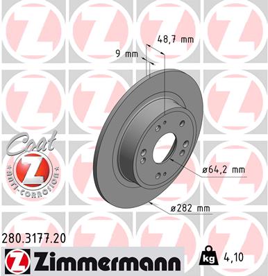 ZIMMERMANN Bremseskive 280317720 bagaksel fuld 282mm 9mm for HONDA