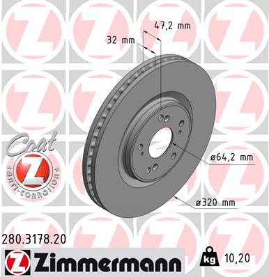 ZIMMERMANN Bremseskive 280317820 foraksel ventileret 320mm 32mm for HONDA