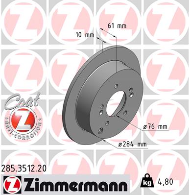 ZIMMERMANN Bremseskive 285351220 bagaksel fuld 284mm 10mm for KIA (DYK) HYUNDAI
