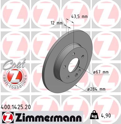 ZIMMERMANN Bremseskive 400142520 foraksel fuld 284mm 12mm for MERCEDES-BENZ