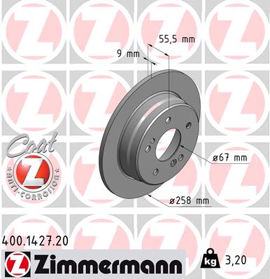 ZIMMERMANN Bremseskive 400142720 bagaksel fuld 258mm 9mm for MERCEDES-BENZ