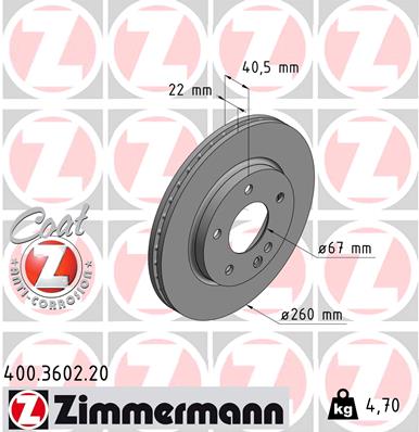 ZIMMERMANN Bremseskive 400360220 foraksel ventileret 260mm 22mm for MERCEDES-BENZ