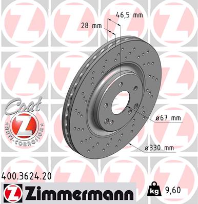 ZIMMERMANN Bremseskive 400362420 foraksel perforeret 330mm 28mm for MERCEDES-BENZ
