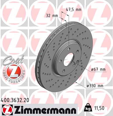 ZIMMERMANN Bremseskive 400363220 foraksel perforeret 330mm 32mm for MERCEDES-BENZ