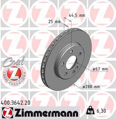 ZIMMERMANN Bremseskive 400364220 foraksel ventileret 288mm 25mm for MERCEDES-BENZ