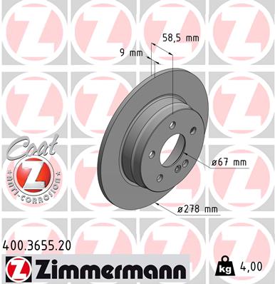 ZIMMERMANN Bremseskive 400365520 bagaksel fuld 278mm 9mm for MERCEDES-BENZ (BBDC) MERCEDES-BENZ