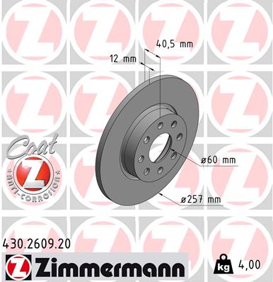 ZIMMERMANN Bremseskive 430260920 foraksel fuld 257mm 12mm for OPEL FIAT GENERAL MOTORS