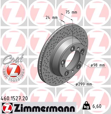 ZIMMERMANN Bremseskive 460152720 bagaksel perforeret 299mm 24mm for PORSCHE