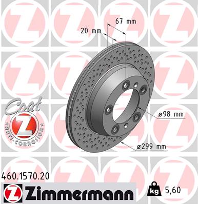 ZIMMERMANN Bremseskive 460157020 bagaksel perforeret 299mm 20mm for PORSCHE