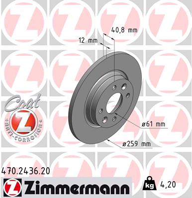 ZIMMERMANN Bremseskive 470243620 foraksel fuld 259mm 12mm for RENAULT SMART