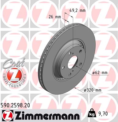 ZIMMERMANN Bremseskive 590259820 foraksel udvendig ventileret 320mm 26mm for TOYOTA