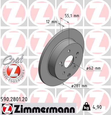 ZIMMERMANN Bremseskive 590280120 bagaksel fuld 281mm 12mm for TOYOTA