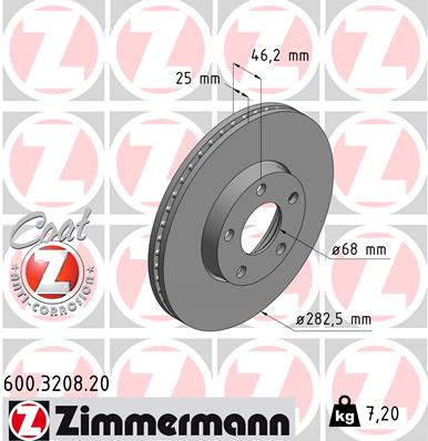 ZIMMERMANN Bremseskive 600320820 foraksel ventileret 282mm 25mm for VAG