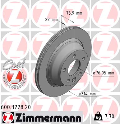 ZIMMERMANN Bremseskive 600322820 bagaksel udvendig ventileret 314mm 22mm for VAG