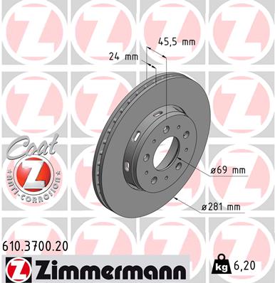 ZIMMERMANN Bremseskive 610370020 foraksel udvendig ventileret 281mm 24mm for VOLVO MITSUBISHI