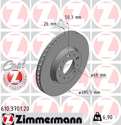 ZIMMERMANN Bremseskive 610370120 foraksel udvendig ventileret 286mm 26mm for VOLVO