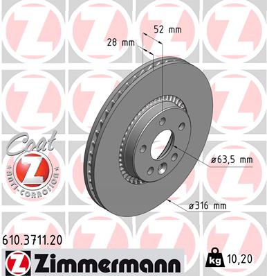 ZIMMERMANN Bremseskive 610371120 foraksel udvendig ventileret 316mm 28mm for FORD VOLVO (CHANGAN) LAND ROVER
