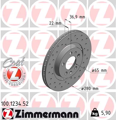 ZIMMERMANN Bremseskive 100123452 foraksel perforeret 280mm 22mm for VW (FAW) VAG