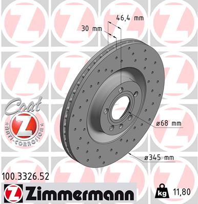 ZIMMERMANN Bremseskive 100332652 foraksel perforeret 345mm 30mm for AUDI