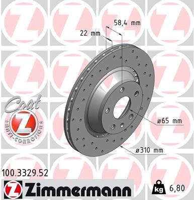 ZIMMERMANN Bremseskive 100332952 bagaksel perforeret 310mm 22mm for AUDI