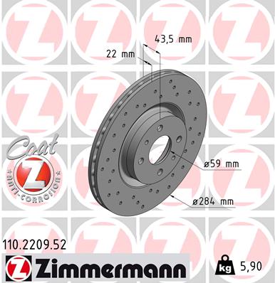 ZIMMERMANN Bremseskive 110220952 foraksel perforeret 284mm 22mm for LANCIA FIAT ALFA ROMEO
