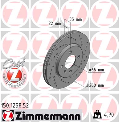 ZIMMERMANN Bremseskive 150125852 foraksel perforeret 260mm 22mm for BMW