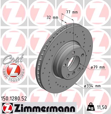 ZIMMERMANN Bremseskive 150128052 foraksel perforeret 334mm 32mm for BMW