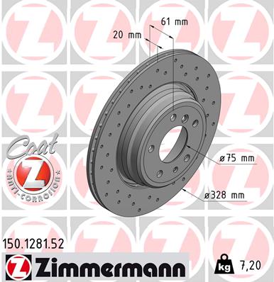 ZIMMERMANN Bremseskive 150128152 bagaksel perforeret 328mm 20mm for BMW