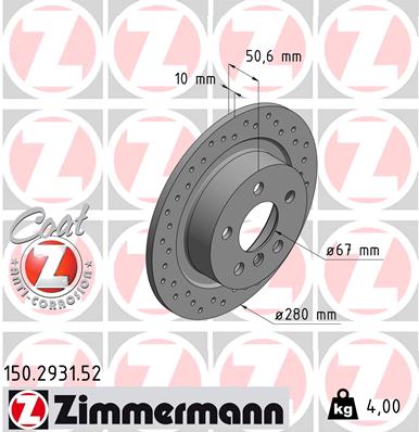 ZIMMERMANN Bremseskive 150293152 bagaksel perforeret 280mm 10mm for BMW BMW (BRILLIANCE)