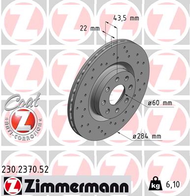 ZIMMERMANN Bremseskive 230237052 foraksel perforeret 284mm 22mm for OPEL FIAT