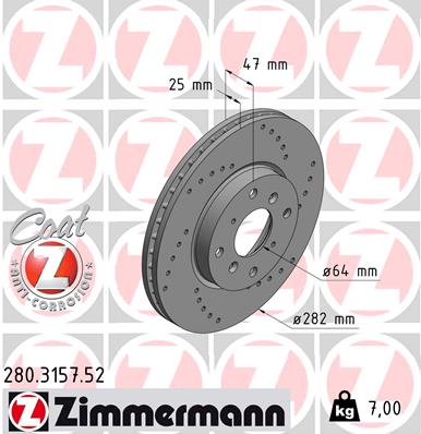 ZIMMERMANN Bremseskive 280315752 foraksel perforeret 282mm 25mm for HONDA