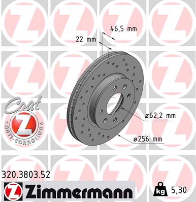 ZIMMERMANN Bremseskive 320380352 foraksel perforeret 256mm 22mm for KIA (DYK)