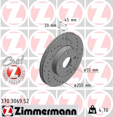 ZIMMERMANN Bremseskive 370306952 foraksel perforeret 255mm 20mm for MAZDA