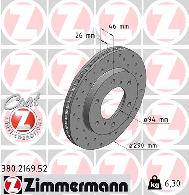 ZIMMERMANN Bremseskive 380216952 foraksel perforeret 290mm 26mm for MITSUBISHI