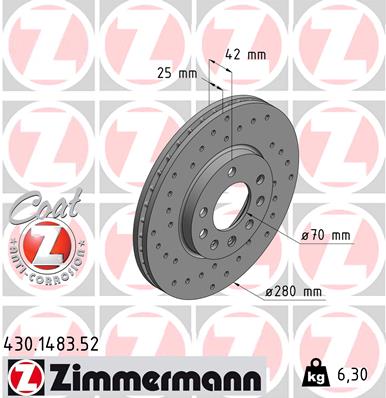 ZIMMERMANN Bremseskive 430148352 foraksel perforeret 280mm 25mm for OPEL GENERAL MOTORS VAUXHALL